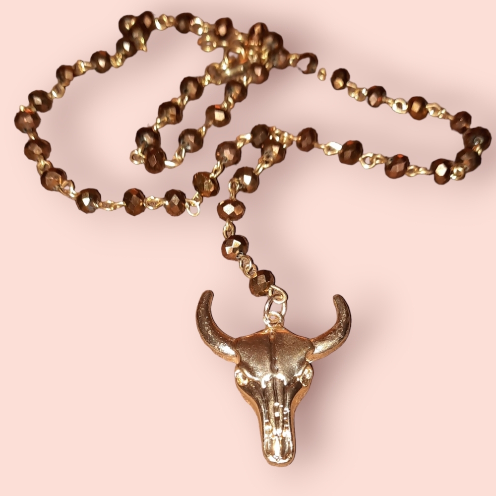 Longhorn beaded chain necklace goldtone Y or lariat look adjustable length